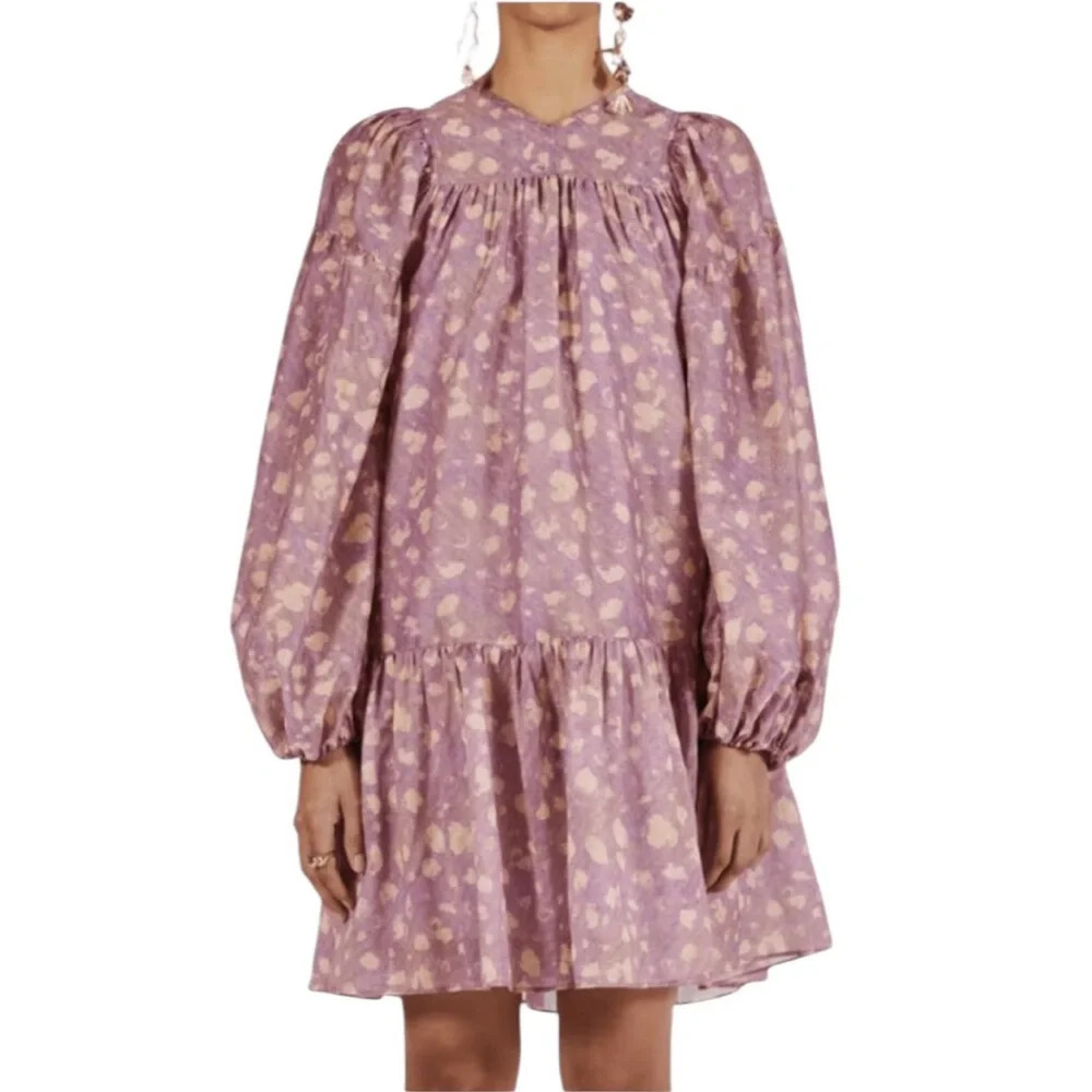 Ulla Johnson Lavender Pink Floral Puff-Sleeve Mini Dress